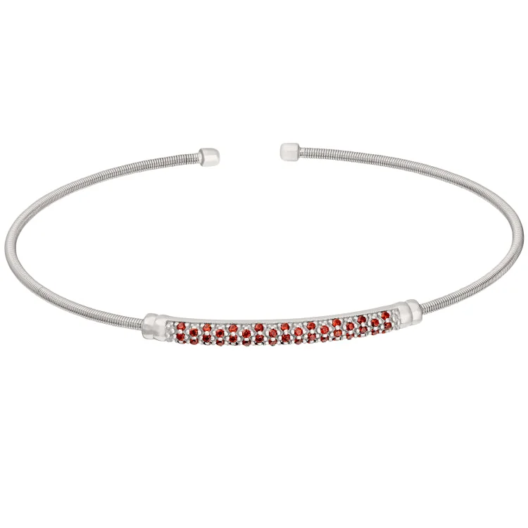 Ladies featherlight minimal bracelets -Rhodium Finish Sterling Silver Cable Cuff Bracelet with Three Rows of Simulated Garnet Birth Gems - January