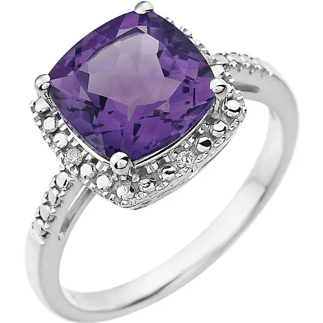 Ladies Rings Braided Glow-14k White Gold 9mm Cushion Cut Amethyst & Diamond Halo-Style Ring