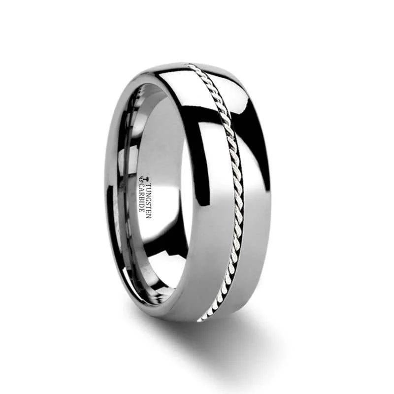 Ladies Rings for Mom Glow-Thorsten PHYTHEON Braided Platinum Inlay Domed Tungsten Ring - 6mm or 8mm