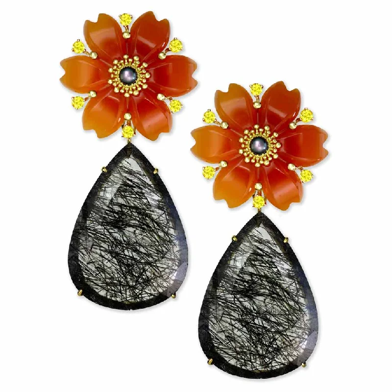 Ladies Earrings Thin Glow-Gold Blossom Convertible Pear Earrings with Carved Carnelian