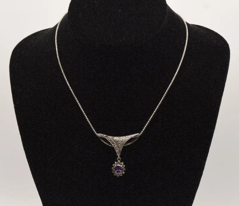 Fanciful gleam necklaces -Vintage Sterling Silver Marcasite Pendant on Italian Sterling Necklace - 16"