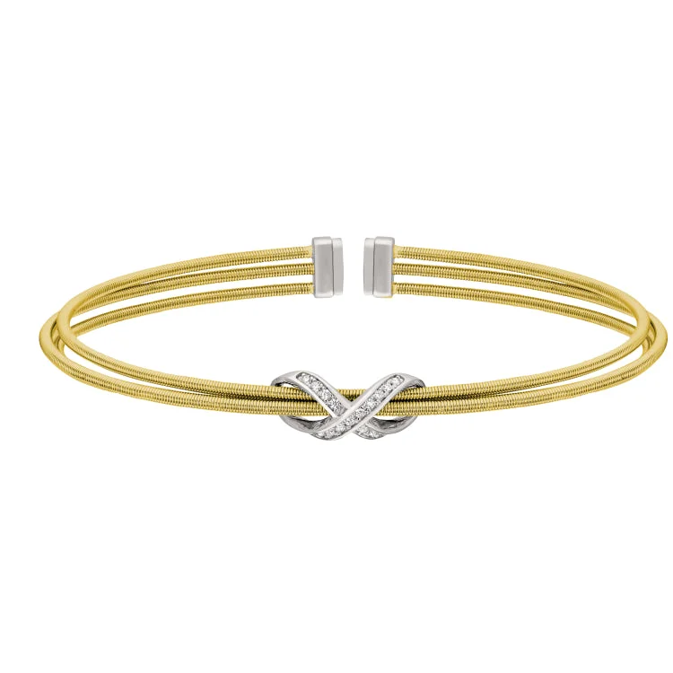 Ladies unicorn magic bracelets -Gold Finish Sterling Silver Three Cable Cuff Bracelet with Rhodium Finish Simulated Diamond Infinity