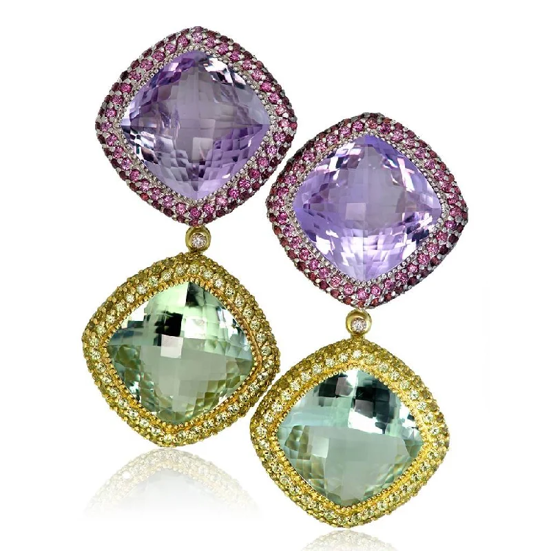 Ladies Earrings with Green Diopside-Gold Royal Earrings with Amethyst, Peridot & Garnet