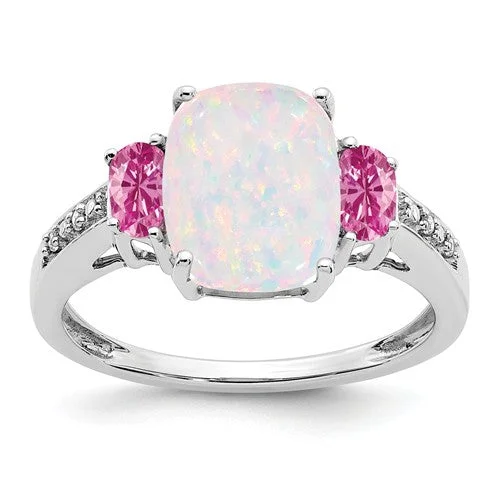 Ladies Rings with Purple Stichtite-14k White Gold Cushion Created Opal, Pink Sapphire And Diamond Ring