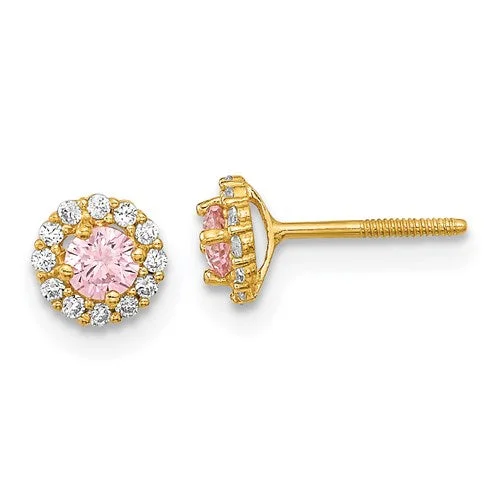 Ladies Earrings with Gold Milarite-14k Yellow Gold Solid Pink & White CZ Halo Screwback Earrings