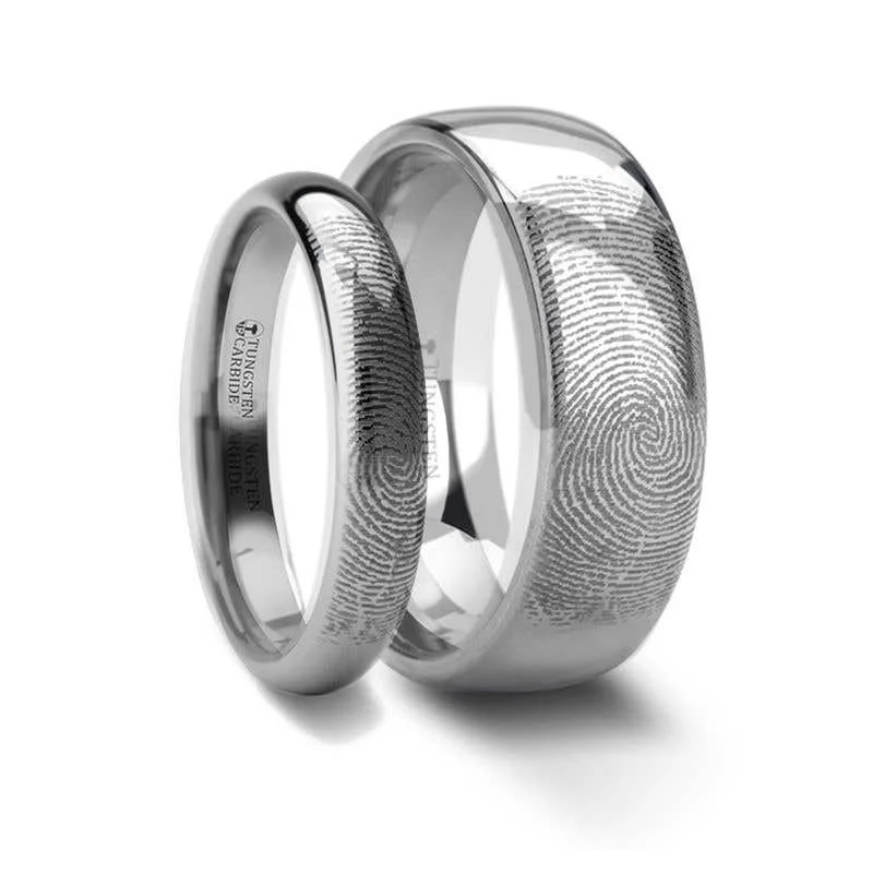 Ladies Rings for Doctor Shine-Matching Ring Set Fingerprint Engraved Domed Tungsten Ring Polished- 4mm & 8mm