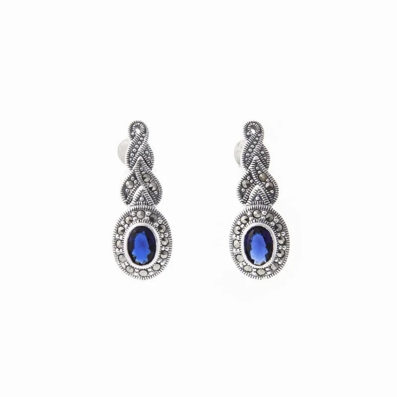 Ladies Earrings with Lilac Iolite-Silver Marcasite Sapphire Earrings Oval Blue Crystal