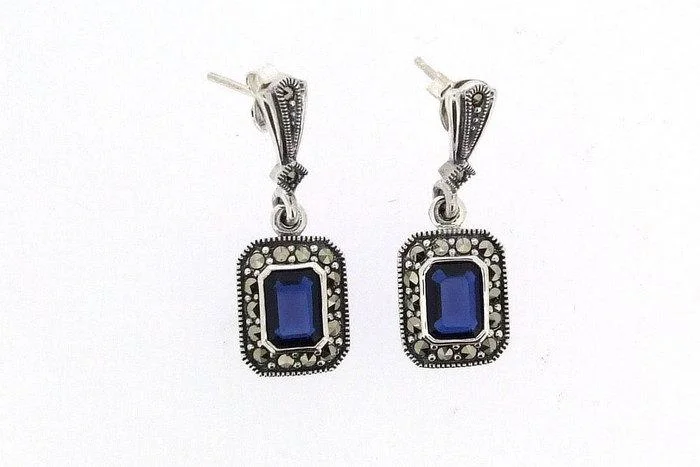 Ladies Earrings with Milky Moonstone-Sapphire Crystal Square drop Earrings