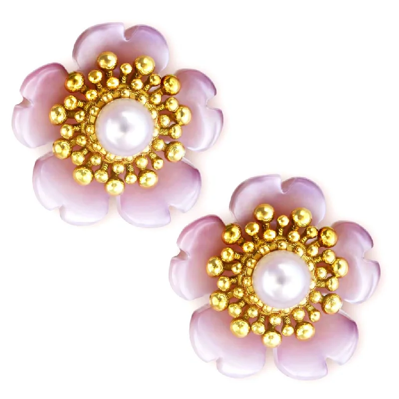 Ladies Earrings with Heart Glow-Gold Blossom Stud Earrings with Pearls