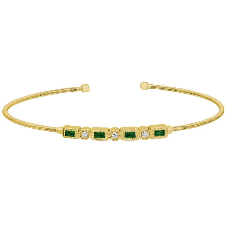 Ladies glowing warmth bracelets -Gold Finish Sterling Silver Cable Cuff Bracelet with Simulated Emeralds and Simulated Diamonds