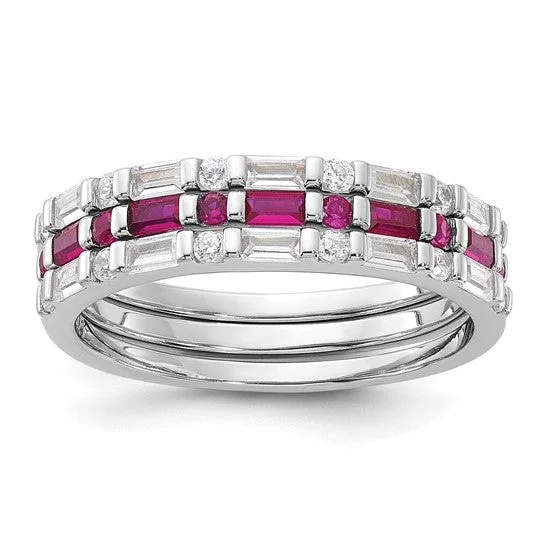 Ladies Rings Curved Spark-Sterling Silver Lab Created Ruby and CZ 3 Ring Set