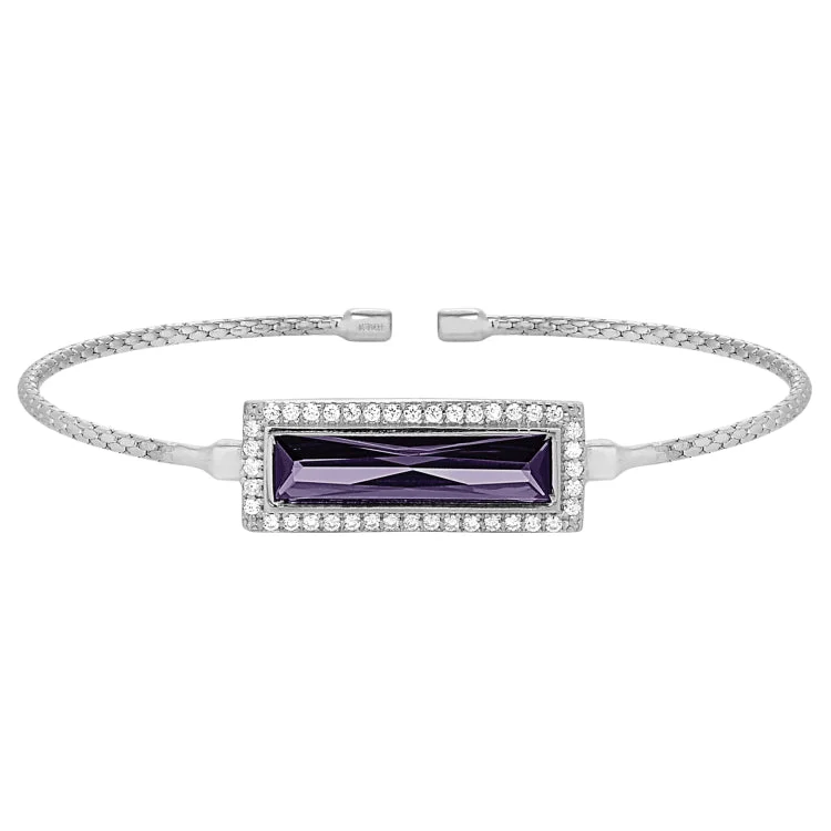 Ladies cutting-edge trend bracelets -Rhodium Finish Sterling Silver Cable Cuff Bracelet with Rectangular Simulated Amethyst Stone and Simulated Diamonds