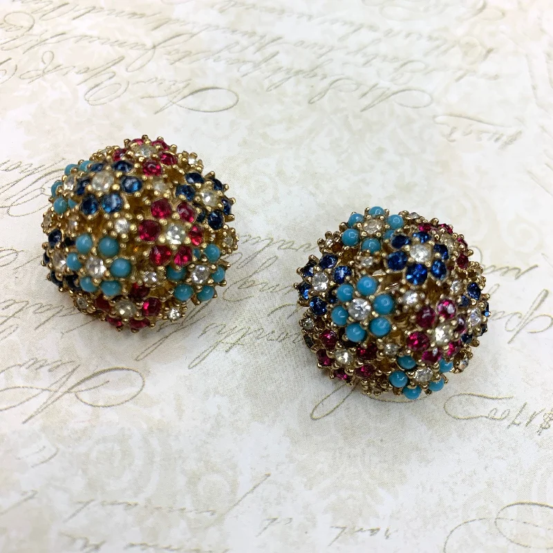 Ladies Earrings with Clear Zircon-Vintage Ciner Earrings gold multi-coloured floral flowers clip-on