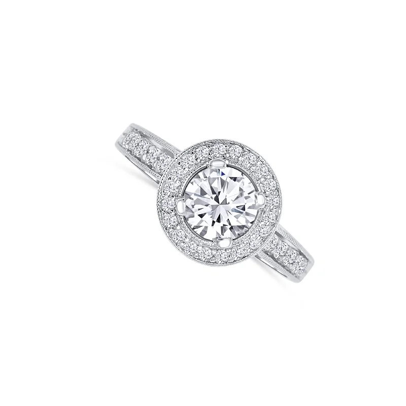 Ladies Engagement Rings Pave Spark-14K White Gold Round 1.06 Carat Diamond Halo Engagement Ring