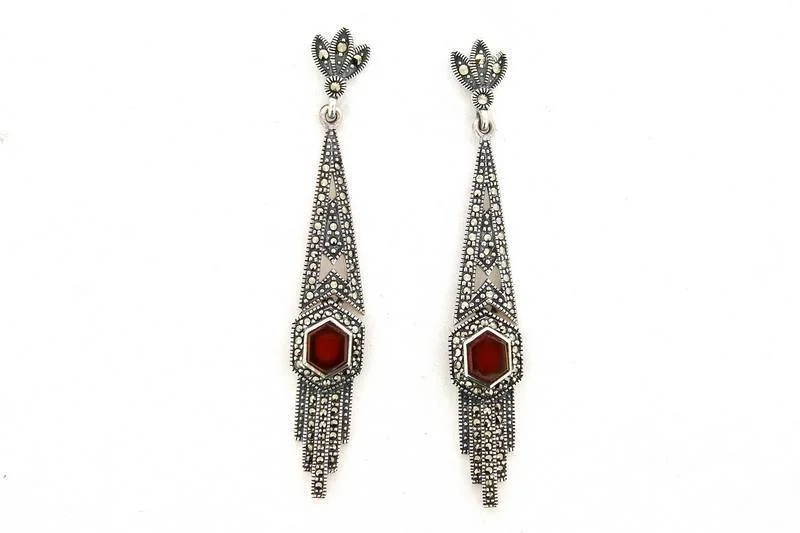 Ladies Earrings with Sky Topaz-Art Deco Earrings Carnelian Red Agate Silver Marcasite