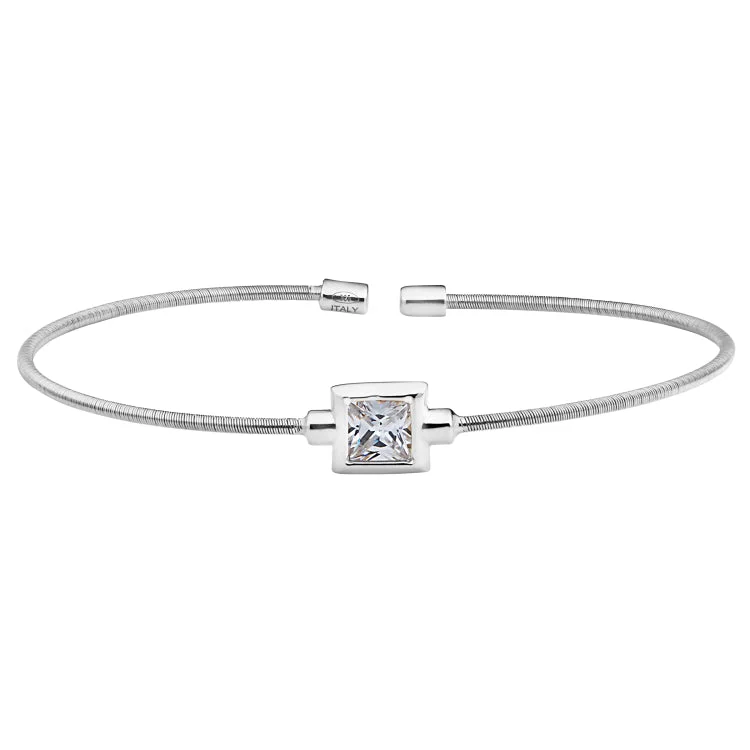 Ladies weathered patina bracelets -Rhodium Finish Sterling Silver Cable Cuff Bracelet with Princess Cut Simulated Diamond Birth Gem