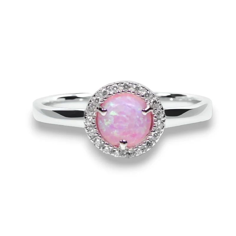 Ladies Rings Multi Glow-Sterling Silver Light Pink Opal and CZ Halo Ring