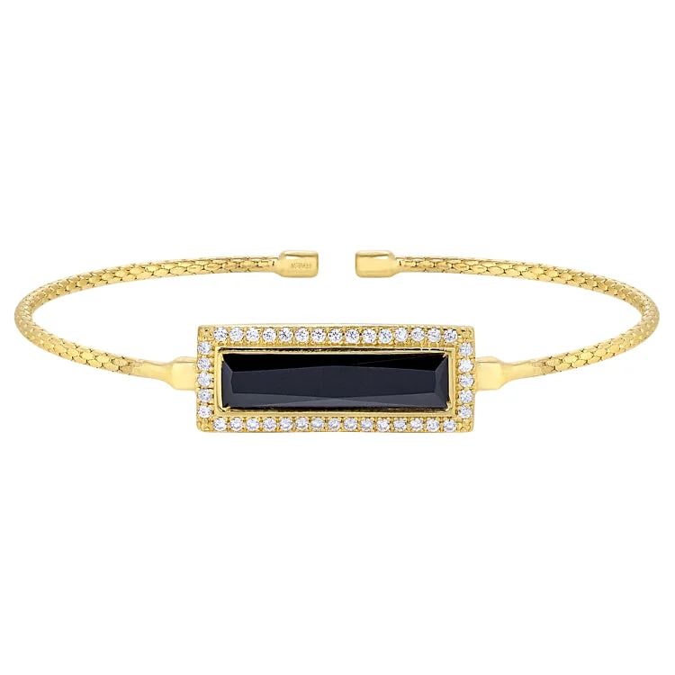 Ladies romantic heart bracelets -Gold Finish Sterling Silver Cable Cuff Bracelet with Rectangular Simulated Onyx Stone and Simulated Diamonds