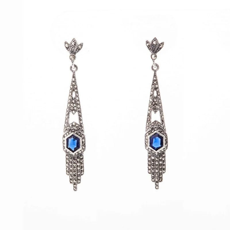 Ladies Earrings with Pink Vivianite-Silver Marcasite Art Deco Style Sapphire Royal Blue Earrings