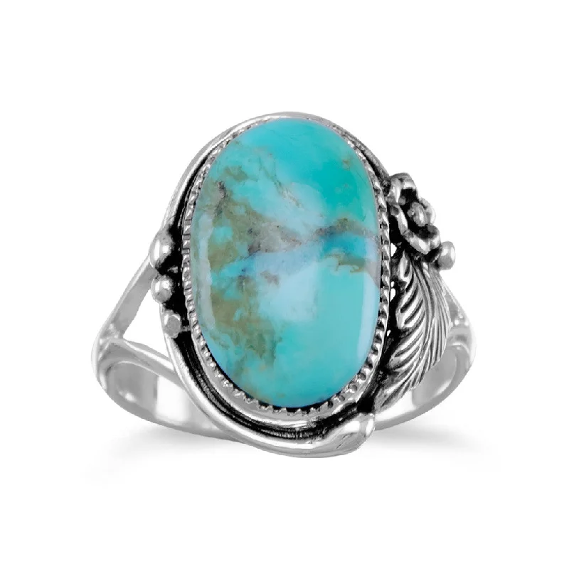 Ladies Rings for Pioneer Spark-Sterling Silver Oval Turquoise Floral Design Ring