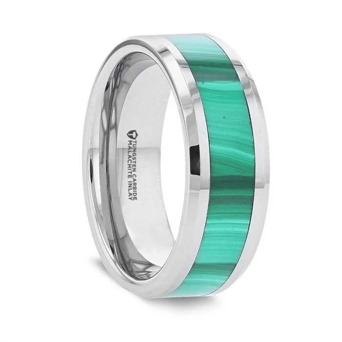 Ladies Rings for Mom Glow-Thorsten MAHI Malachite Inlay Tungsten Carbide Ring with Polished Beveled Edges - 8mm