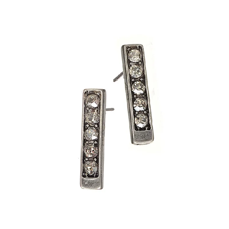 Ladies Earrings with Oval Shine-Hot Tomato Silver Totem Studs with Five Clear Crystals Earrings