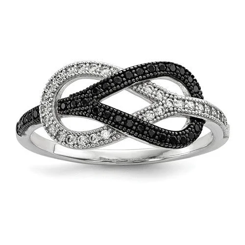 Ladies Rings Simple Shine-Sterling Silver Black & White Pave CZ Brilliant Embers Infinity Knot Ring