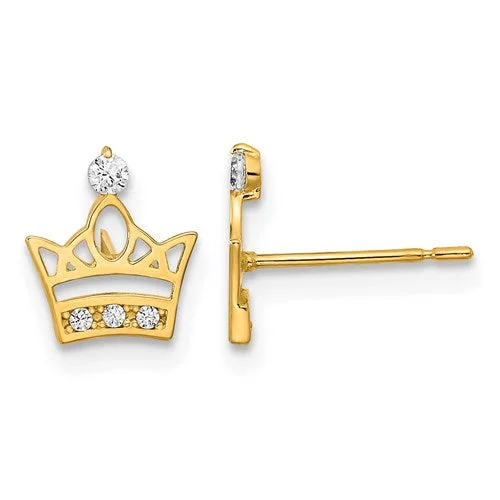 Ladies Earrings with Pure Okenite-14k Yellow Gold Solid Madi K Youth CZ Crown Post Earrings