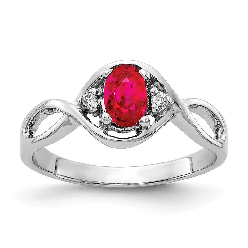 Ladies Rings Gift Spark-14k White Gold 6x4mm Oval Ruby and Diamond Infinity Style Ring