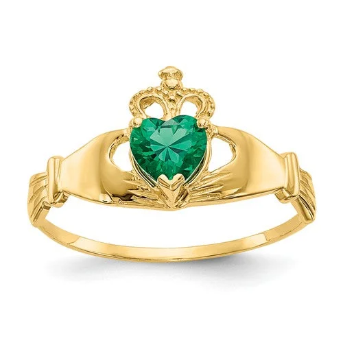 Ladies Rings with Violet Amethyst-14k Yellow Gold Green Heart Polished Claddagh Ring