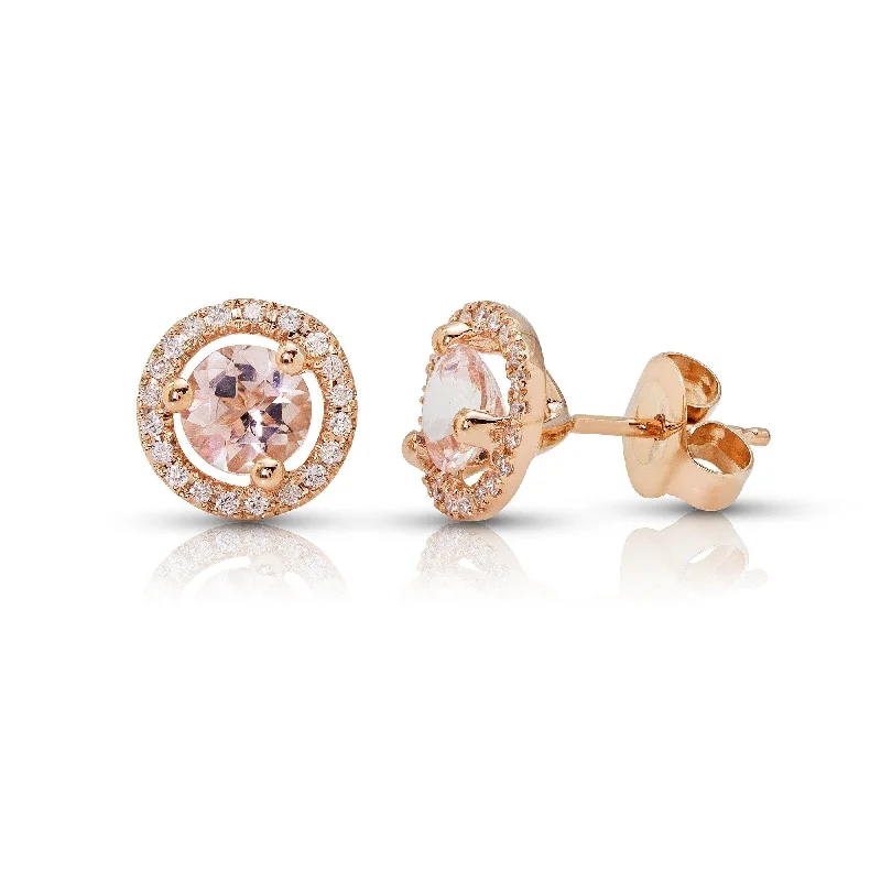 Ladies Earrings with Gold Milarite-14k Rose Gold Round Morganite & Diamond Halo Earrings - 6mm