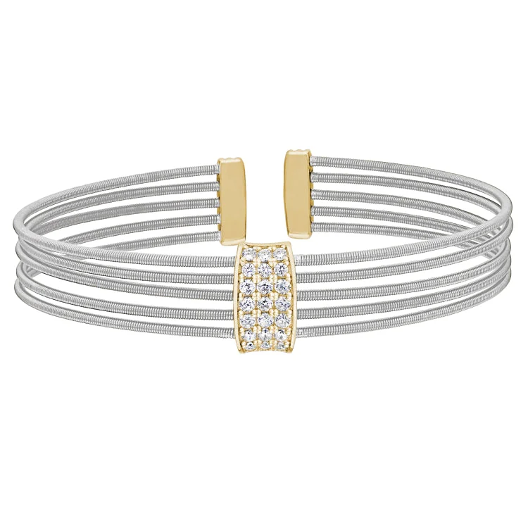 Ladies balanced grace bracelets -Rhodium Finish Sterling Silver Multi Cable Cuff Bracelet with Gold Finish Simulated Diamond Three Rows