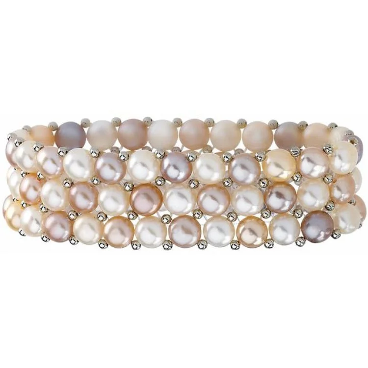 Ladies slender band bracelets -Sterling Silver Freshwater Cultured Natural Multi-Colored Pearl 3 Row Stretch Bracelet