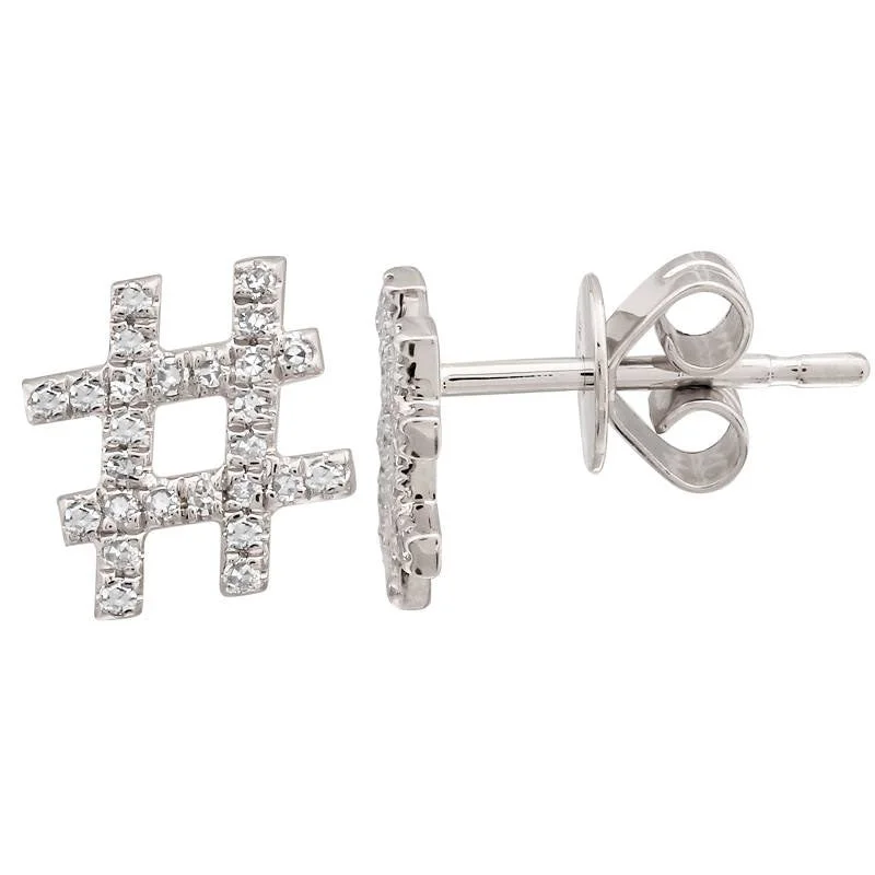 Ladies Earrings Handcrafted Shine-White Gold Hashtag Diamond Stud Earrings