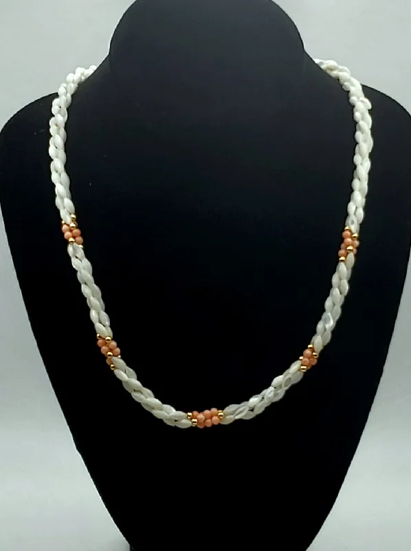 Unique crafted necklaces -Vintage Triple Twisted Mother-of-Pearl, Pink Coral Necklace - 24"