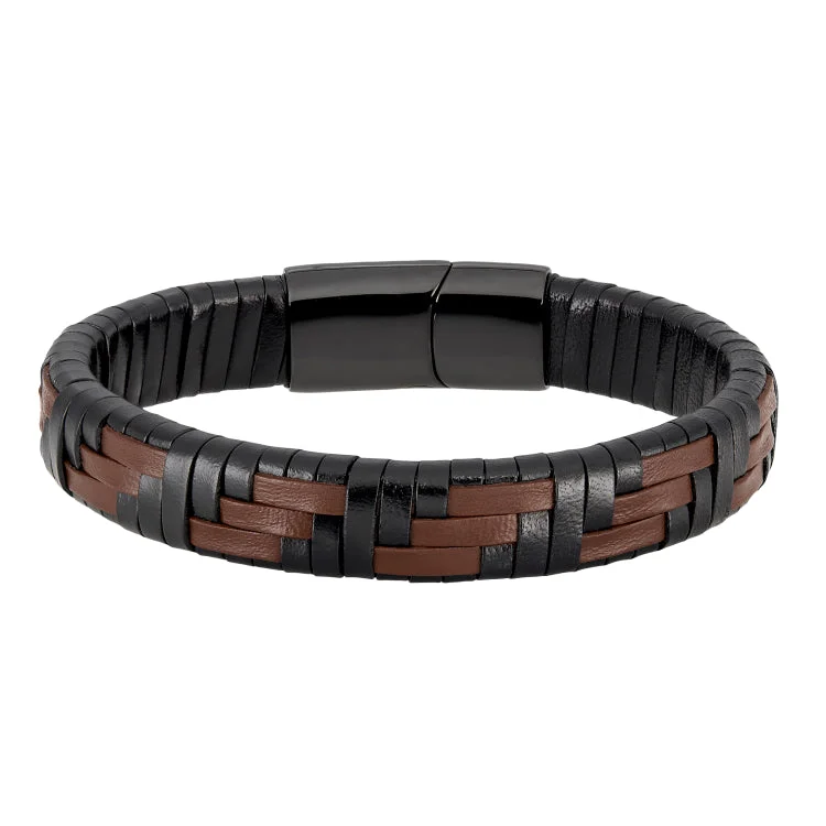 Ladies shadowy black bracelets -Black and Brown Basket Weave Leather Stainless Steel Bracelet