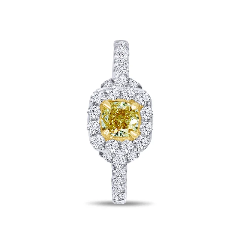 Ladies Engagement Rings Dainty Spark-14K White Gold Cushion Cut 0.52 Carat Yellow Diamond Halo Engagement Ring