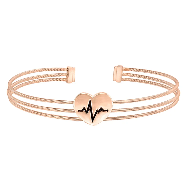 Ladies ethereal moonstone bracelets -Rose Gold Finish Sterling Silver Three Cable Cuff Bracelet with a Polished Heart with a Heartbeat Design.