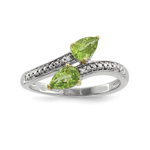 Ladies Rings with Cloud Glow-Sterling Silver And 14K Gold Double Peridot Pear Diamond ByPass Ring