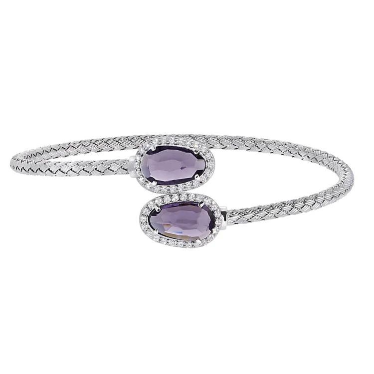 Ladies wave curl bracelets -Rhodium Finish Sterling Silver Basketweave Cable Cuff  Bracelet with Simulated Diamonds and a Lilac Stone on Each End