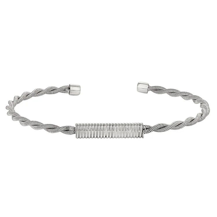 Ladies futuristic gleam bracelets -Rhodium Finish Sterling Silver Tightly Twisted Cable Cuff Bracelet with Central Twisted Coil