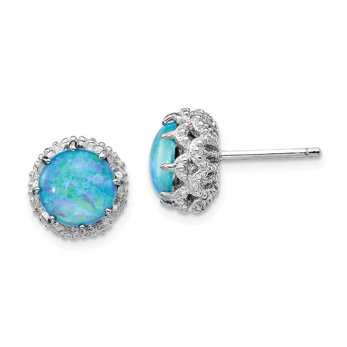 Ladies Earrings for Nurse Spark-Cheryl M Sterling Silver CZ & Round Blue Opal Halo Post Earrings