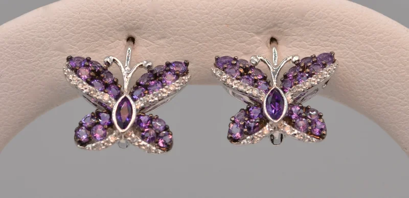 Ladies Earrings with Globe Shine-14K white gold Amethyst/Diamond butterfly earrings