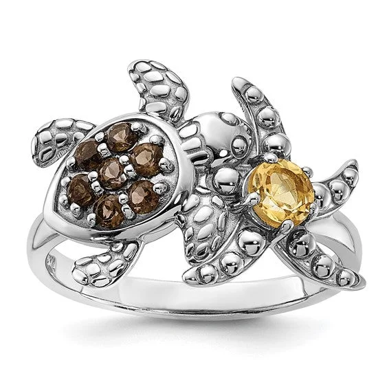 Ladies Rings for Friend Glow-Sterling Silver Smoky Quartz and Citrine Turtle and Starfish Ring