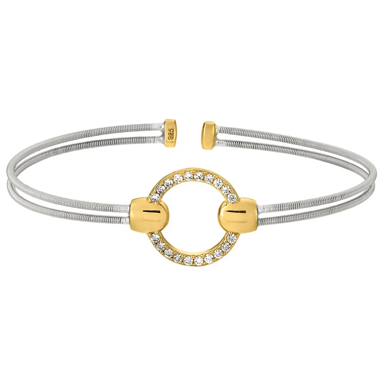 Ladies snug fit bracelets -Rhodium Finish Sterling Silver Two Cable Cuff Bracelet with Gold Finish Simulated Diamond Open Circle