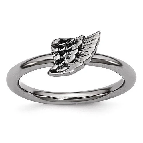 Ladies Rings with Pink Petalite-Sterling Silver Stackable Expressions Black Plated Angel Wing Ring