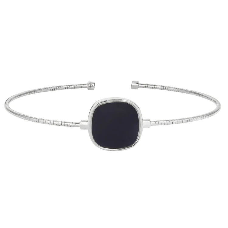 Ladies silky smooth bracelets -Rhodium Finish Sterling Silver Rounded Omega Cable Cuff Bracelet with a Cushion Cut Black Murano Stone