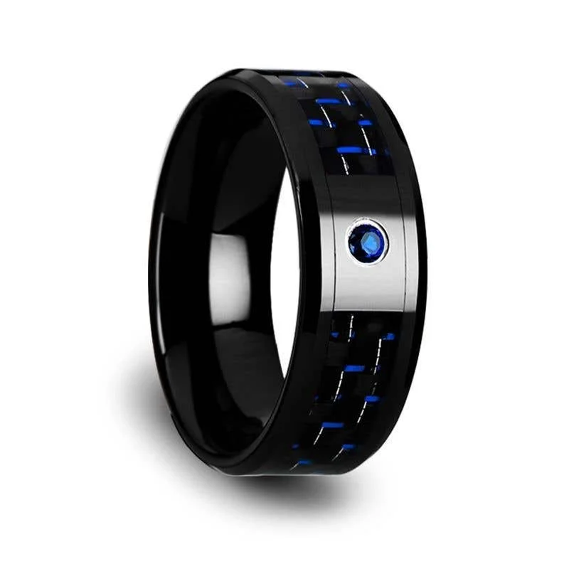 Ladies Rings Thin Glow-Thorsten ODELL Black Ceramic Ring Black and Blue Carbon Fiber Blue Sapphire Setting - 8mm