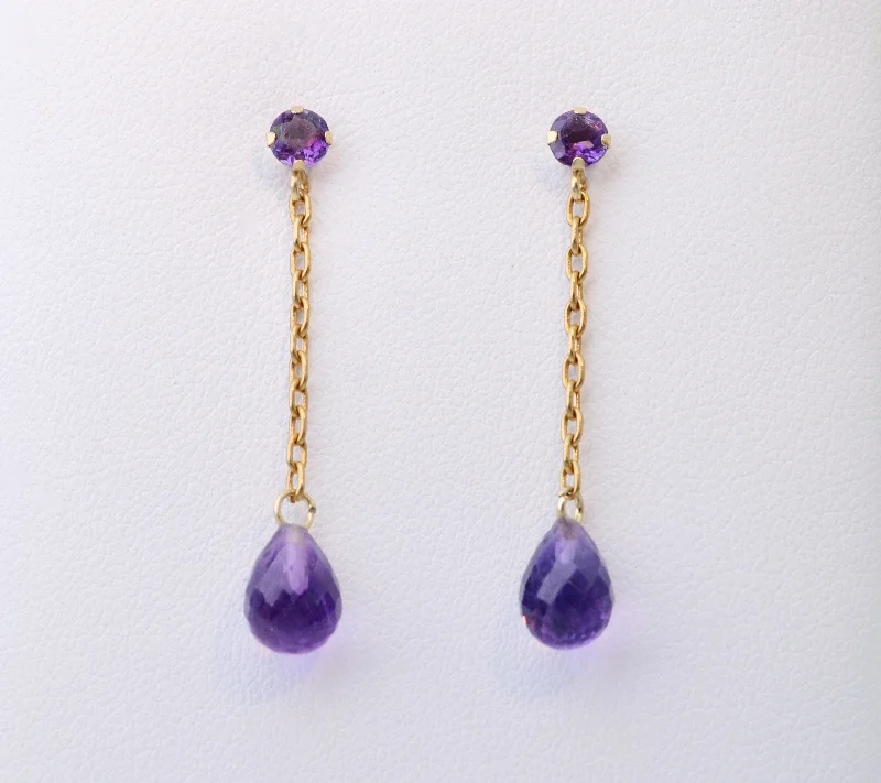 Ladies Earrings with Pink Eudialyte-14K yellow gold Amethyst drop earrings