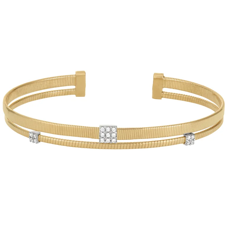 Ladies energy surge bracelets -Gold Finish Sterling Silver Two Cable Cuff Bracelet with Rhodium Finish Simulated Diamond Square and Round